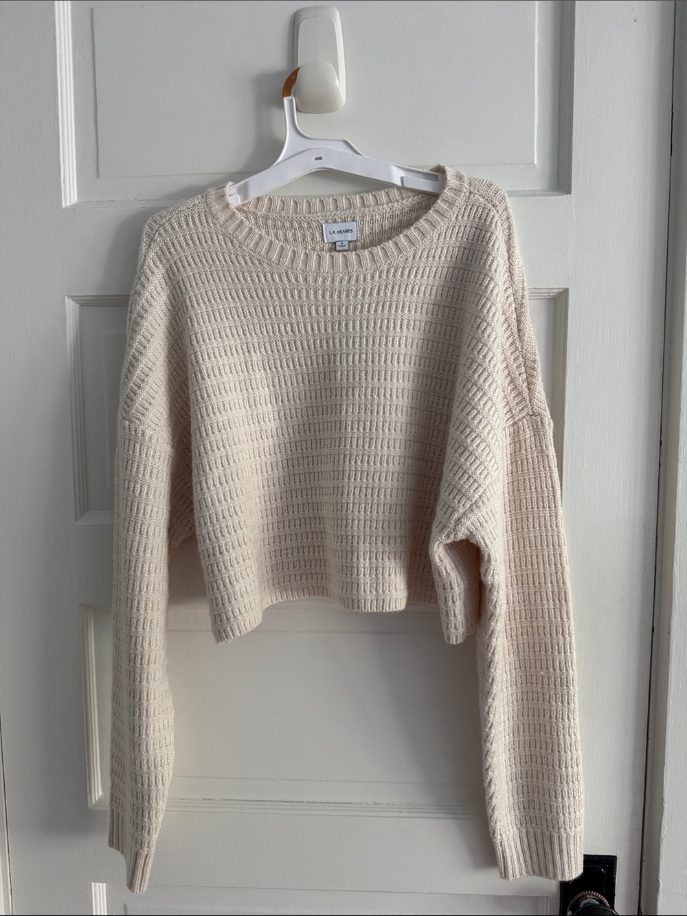 LA Hearts Cream Waffle-Knit Cropped Crew Sweater